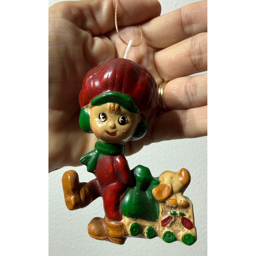 Vintage Christmas Ornament Boy in Winter Suit Pulling Toy Train Red Green Retro